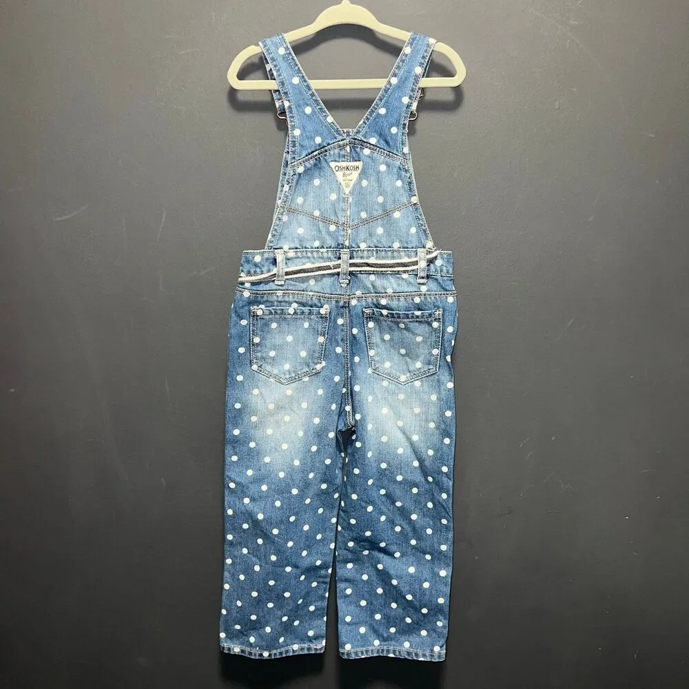 Oshkosh B'gosh Girls 3T Denim Polka Dot Overalls Blue White Belt Dungarees